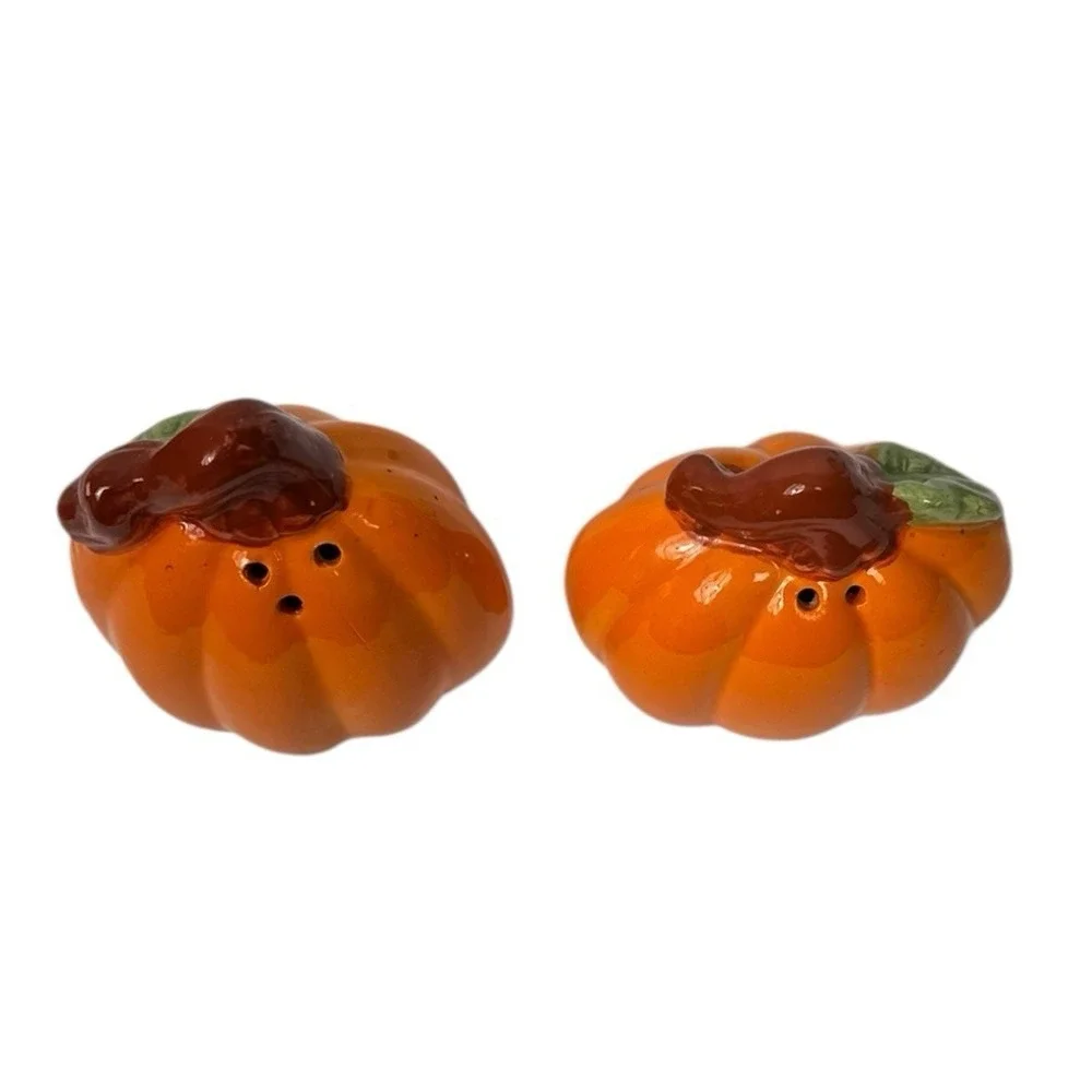 Orange Pumpkin Salt & Pepper Shakers Set Halloween Thanksgiving Autumn Fall D14Q